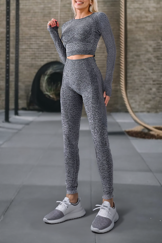 Carbon Grey Polka Dot Long Sleeve Crop Top Leggings Active Set