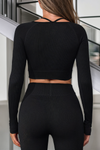 Black Ribbed Long Sleeve Strappy Cropped Sports Top