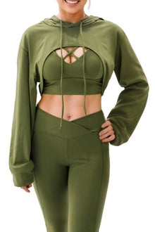  3pcs Hoodie Strappy Bra And Leggings Active Set