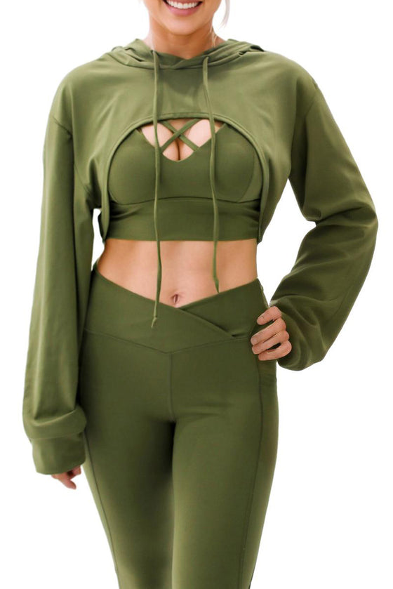 3pcs Hoodie Strappy Bra And Leggings Active Set