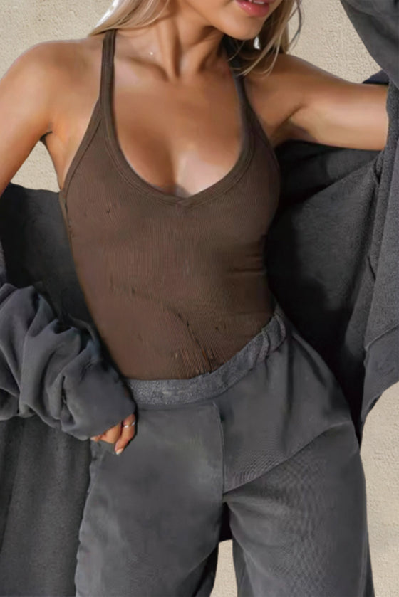 Solid Color V Neck Racerback Active Tank Top