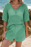Knit Crochet Eyelets Short Sleeve Top and Shorts Set