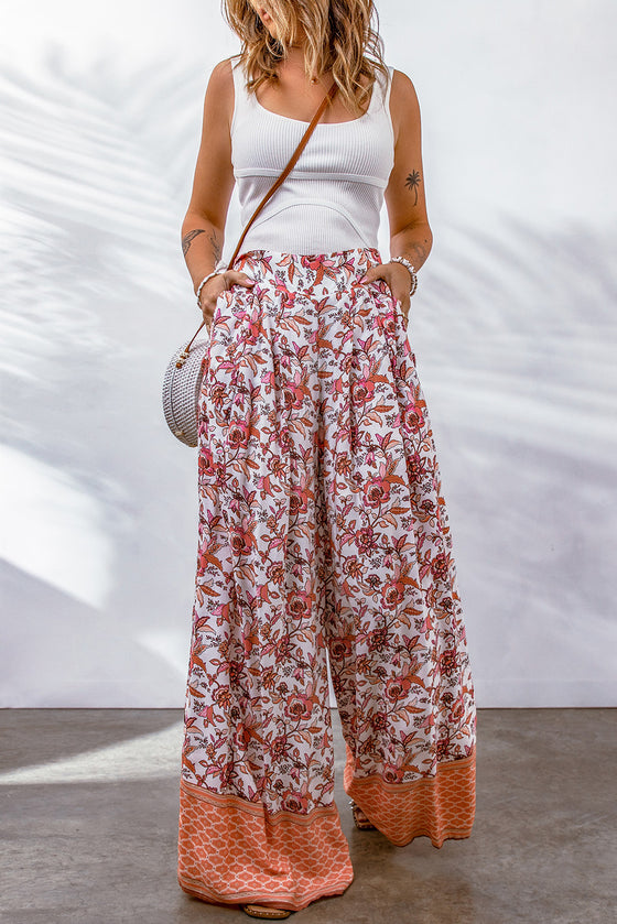 PACK7711547-3-1, Fiery Floral Print Shirred High Waist Wide Leg Pants