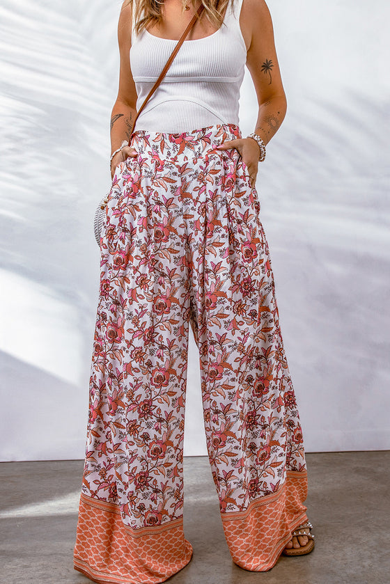 PACK7711547-3-1, Fiery Floral Print Shirred High Waist Wide Leg Pants