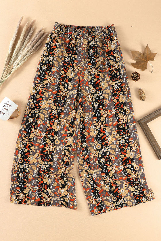 PACK7711487-2-1, Black Floral Print High Waist Wide Leg Pants