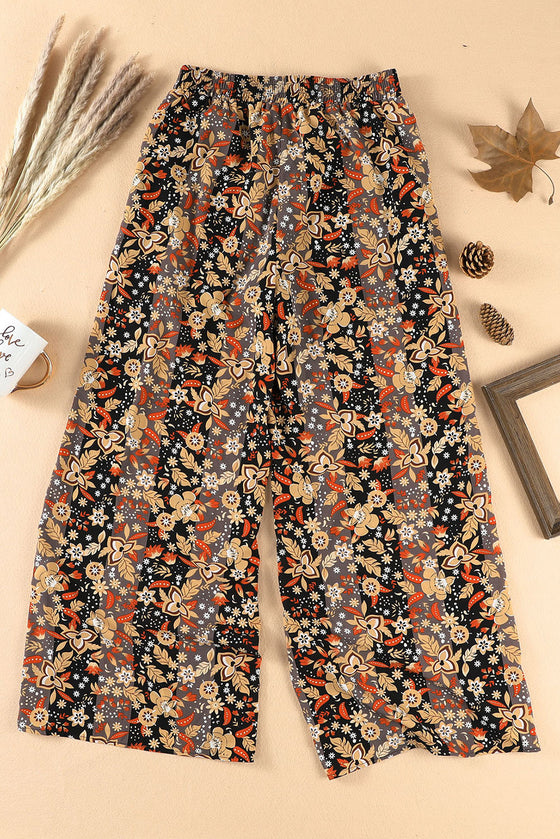 PACK7711487-2-1, Black Floral Print High Waist Wide Leg Pants