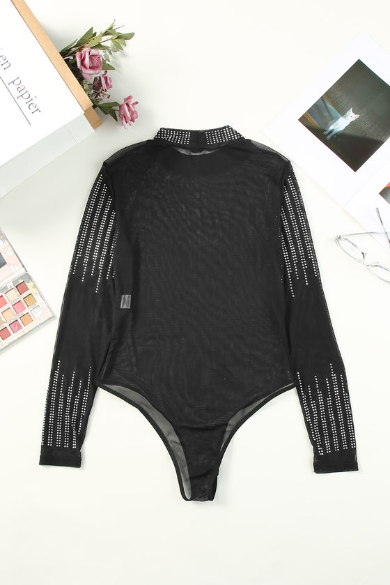 PACK6421126-2-1, Black Rhinestone Sheer Mesh Long Sleeve Bodysuit