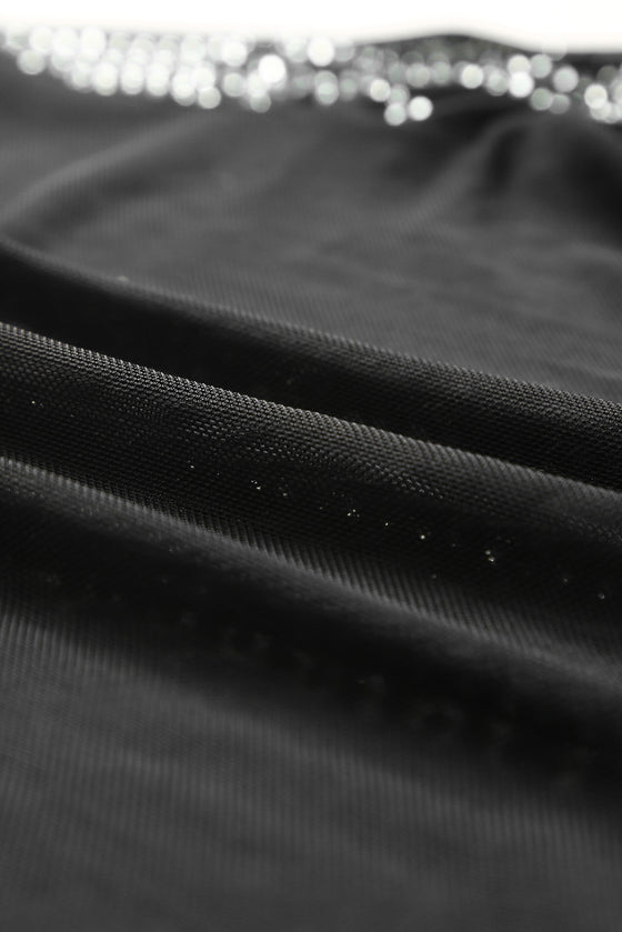 PACK6421126-2-1, Black Rhinestone Sheer Mesh Long Sleeve Bodysuit