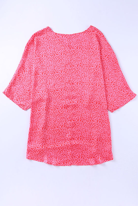 PACK25118225-6-1, PACK25118225-6-2, Rose Leopard Print Oversized Half Sleeve V Neck Top
