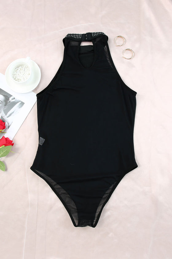 PACK6421353-2-1, Black High Neck Sleeveless Diamante Bodysuit