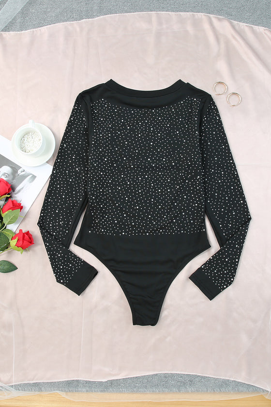 PACK6421170-2-1, Black Rhinestone O-Neck Long Sleeve Bodysuit