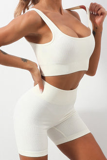  PACK2611364-1-1, White 2pcs Solid Color Ribbed Knit Yoga Set