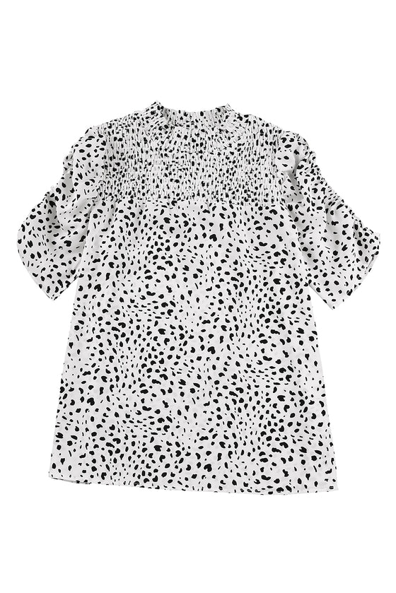PACK25119832-20-1, Leopard Smocking Detail Bubble Sleeve Blouse