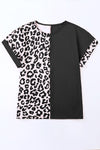 PACK25120368-2-1, Black Half Leopard Patchwork Short Sleeves Top