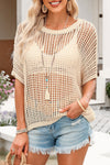 PACK277006-18-2, Apricot Fishnet Knit Ribbed Round Neck Short Sleeve Sweater Tee