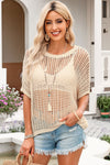 PACK277006-18-2, Apricot Fishnet Knit Ribbed Round Neck Short Sleeve Sweater Tee