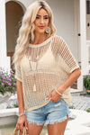 PACK277006-18-2, Apricot Fishnet Knit Ribbed Round Neck Short Sleeve Sweater Tee