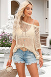 PACK277006-18-2, Apricot Fishnet Knit Ribbed Round Neck Short Sleeve Sweater Tee