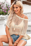 PACK277006-18-2, Apricot Fishnet Knit Ribbed Round Neck Short Sleeve Sweater Tee