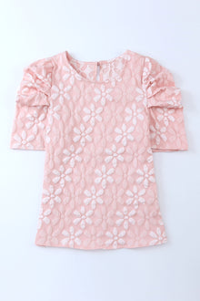  PACK25119995-10-1, Pink Floral Lace Ruched Bubble Sleeve Top