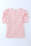 PACK25119995-10-1, Pink Floral Lace Ruched Bubble Sleeve Top