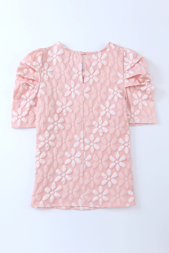 PACK25119995-10-1, Pink Floral Lace Ruched Bubble Sleeve Top