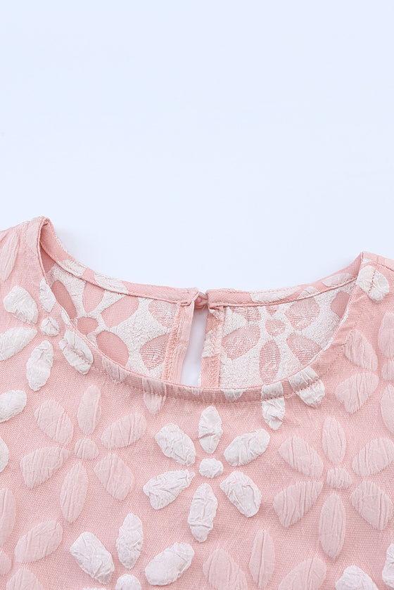 PACK25119995-10-1, Pink Floral Lace Ruched Bubble Sleeve Top