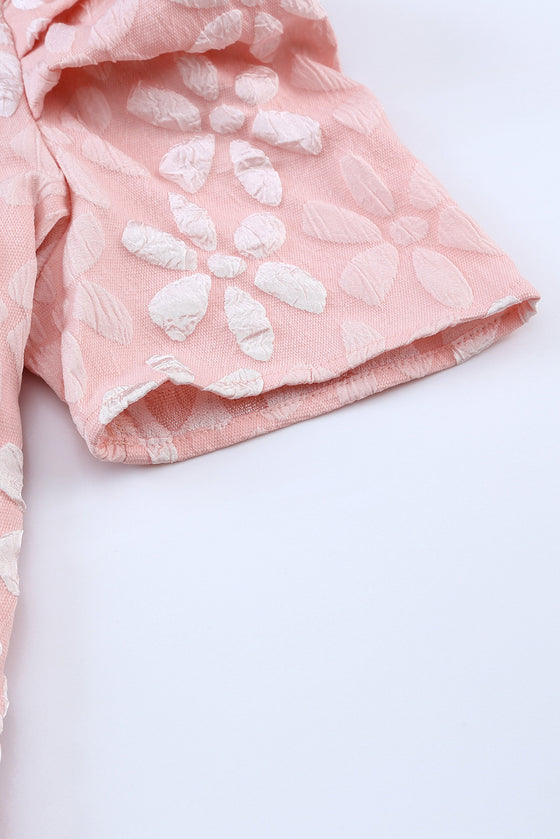 PACK25119995-10-1, Pink Floral Lace Ruched Bubble Sleeve Top