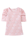 PACK25119995-10-1, Pink Floral Lace Ruched Bubble Sleeve Top