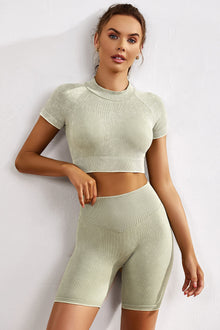  LC2611406-109-S, LC2611406-109-M, LC2611406-109-L, PACK2611406-109-1, Green  3pcs Ribbed Sport Top Tummy Control Shorts Activewear Set