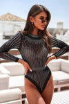 PACK6421126-2-1, Black Rhinestone Sheer Mesh Long Sleeve Bodysuit