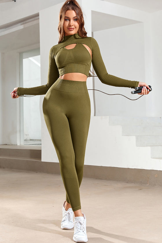 LC264430-9-S, LC264430-9-M, LC264430-9-L, PACK264430-9-1, Green  Mock Neck Cropped High Waist Three Piece Yoga Set