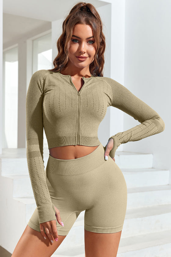 LC264431-9-S, LC264431-9-M, LC264431-9-L, PACK264431-9-1, Green  Mesh Raglan Thumbhole Sleeve Zipped Gym Top