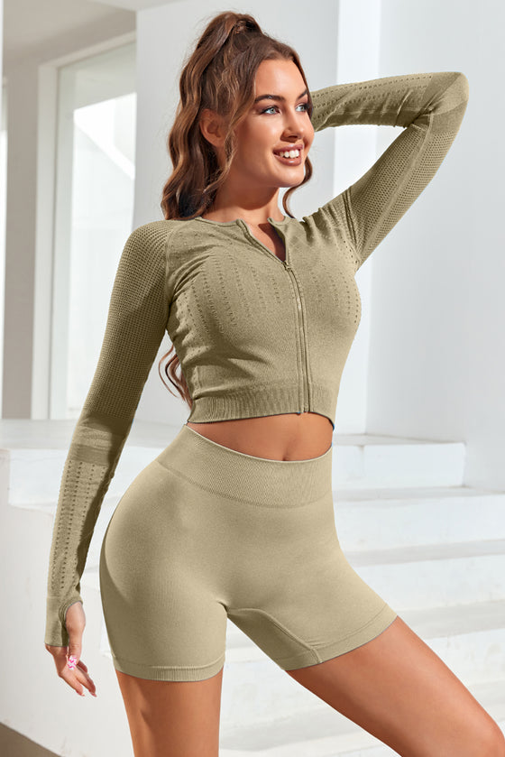 LC264431-9-S, LC264431-9-M, LC264431-9-L, PACK264431-9-1, Green  Mesh Raglan Thumbhole Sleeve Zipped Gym Top