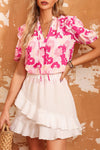 PACK25121170-10-1, Pink Split Neck Ruffled Puff Sleeves Floral Top