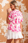 PACK25121170-10-1, Pink Split Neck Ruffled Puff Sleeves Floral Top