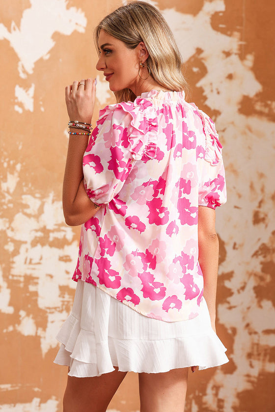 PACK25121170-10-1, Pink Split Neck Ruffled Puff Sleeves Floral Top