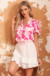 PACK25121170-10-1, Pink Split Neck Ruffled Puff Sleeves Floral Top