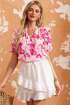 PACK25121170-10-1, Pink Split Neck Ruffled Puff Sleeves Floral Top