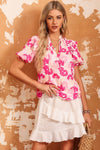 PACK25121170-10-1, Pink Split Neck Ruffled Puff Sleeves Floral Top