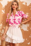 PACK25121170-10-1, Pink Split Neck Ruffled Puff Sleeves Floral Top