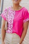 PACK25120368-6-1, PACK25120368-6-2, Rose Half Leopard Patchwork Short Sleeves Top