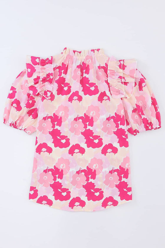 PACK25121170-10-1, Pink Split Neck Ruffled Puff Sleeves Floral Top