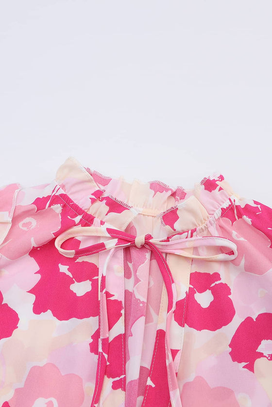 PACK25121170-10-1, Pink Split Neck Ruffled Puff Sleeves Floral Top