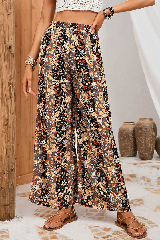PACK7711487-2-1, Black Floral Print High Waist Wide Leg Pants