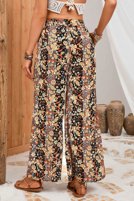 PACK7711487-2-1, Black Floral Print High Waist Wide Leg Pants