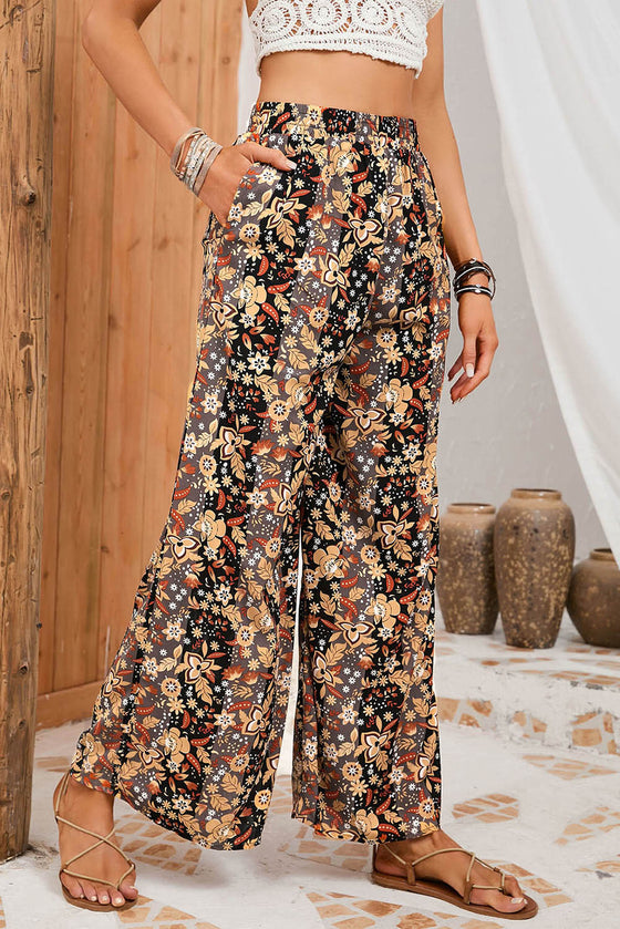 PACK7711487-2-1, Black Floral Print High Waist Wide Leg Pants