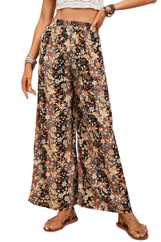 PACK7711487-2-1, Black Floral Print High Waist Wide Leg Pants