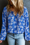PACK25122862-5-1, Blue Floral Notched V-Neck Long Sleeve Blouse