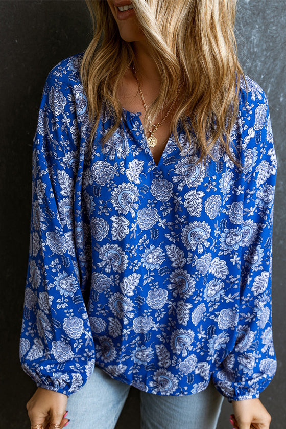 PACK25122862-5-1, Blue Floral Notched V-Neck Long Sleeve Blouse
